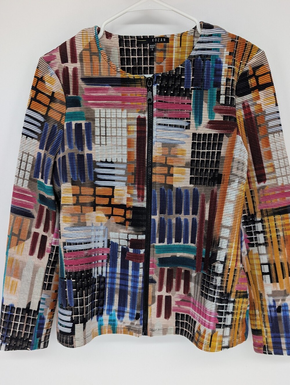 Kozan Women’s S Textured Zip Front Jacket Abstract Geometric Art to Wear Boho